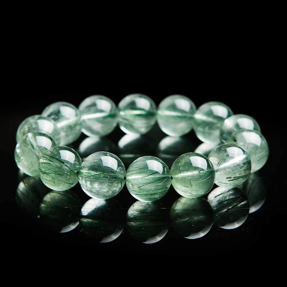 

15mm Genuine From Brazil Natural Green Rutilated Quartz Gemstone Bracelet Women Men Stretch Crystal Round Beads Bracelet AAAAA