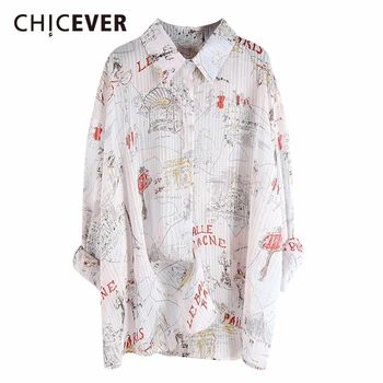 

CHICEVER Korean Print Hit Color Women’s Shirt Lapel Collar Long Sleeve Loose Casual Oversize Blouse Female 2020 Summer Fashion