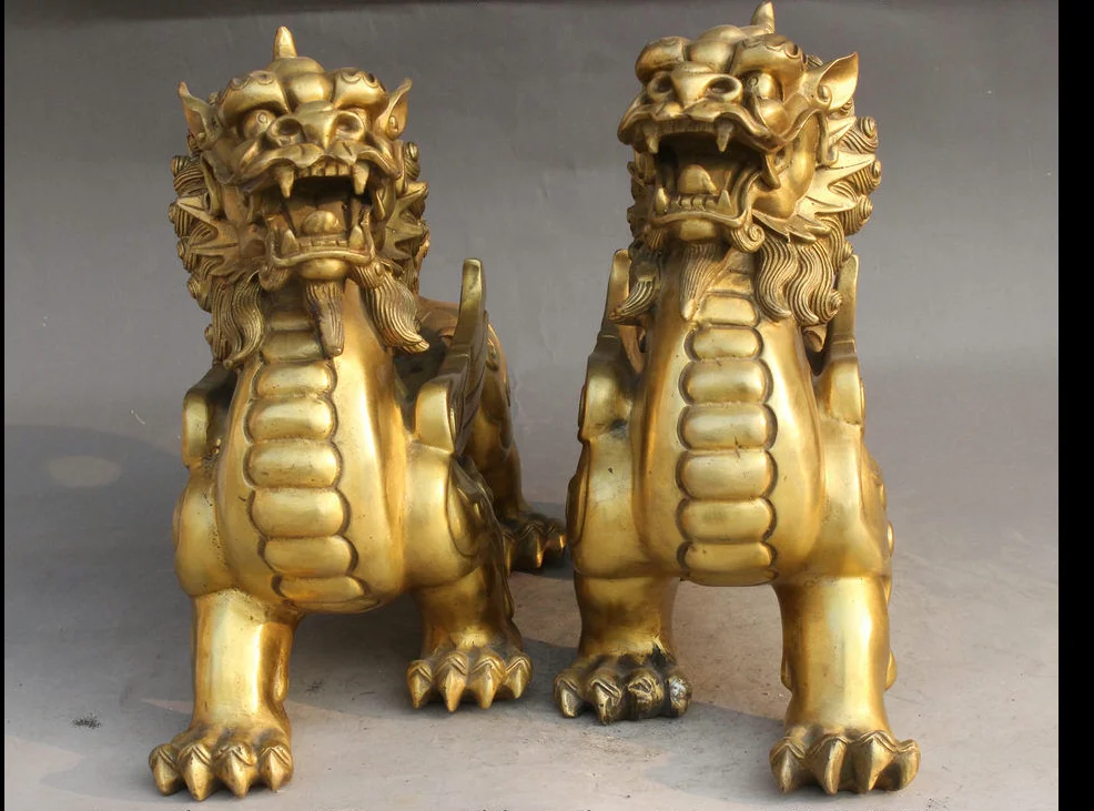 zhmui88002645&lt+11&quot China Brass Dragon Kylin Unicorn Fly Beast Exorcise Evil Spirits Statue Pair | Дом и сад