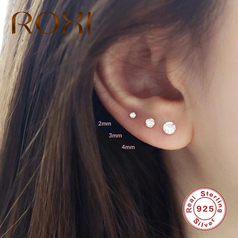ROXI-pendientes de plata de ley 925 para mujer y niña, 3 uds., 2/3/4mm, Piercing solitario de cuatro garras, pendiente de cartílago redondo encantador