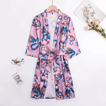

Women's Summer Ice Silk Bride Kimono Lingerie Robe Sexy Peignoir Satin Bathrobe Morning Robe Yukata Summer Thin Printed Homewear