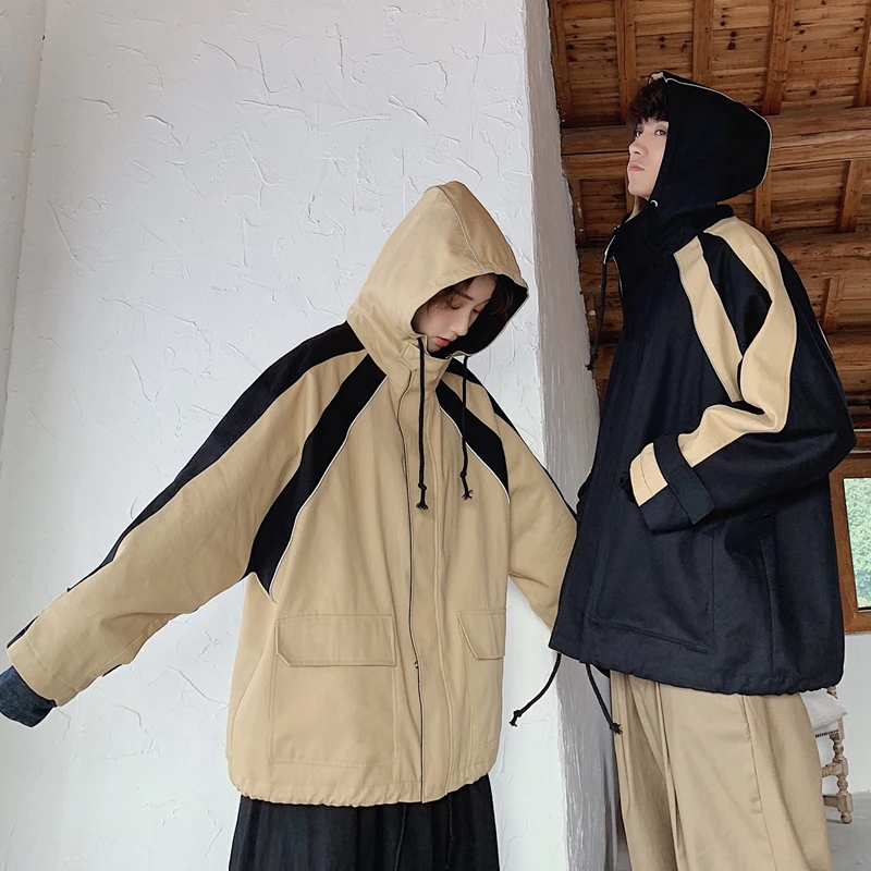 

2020 Spring And Autumn New Korean Couple Color Matching Short Jacket Fashion Casual Hooded Loose Jacket Coat Khaki / Black S-XL