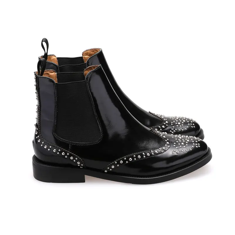 

100% Women Shoes Patent Leather Woman Ankle Boots Brogue Shoes Slip On Ladies Rivets Boots For Women Chelsea Boots