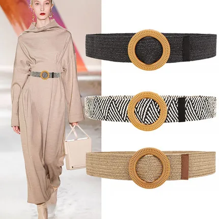 Colle Store, тканые ремни для женщин, модная круглая пряжка, пояс, повседневное украшение, эластичный пояс, соломенный