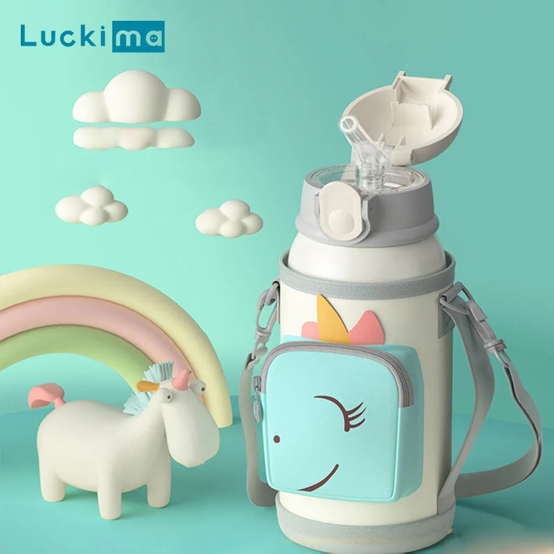 US $20.78 550ml Cartoon Smart Thermos Cup With Shoulder Strap 3 Lids Portable Water Bottle With Straw 1224 Hours Keep Warm Cold For Kids