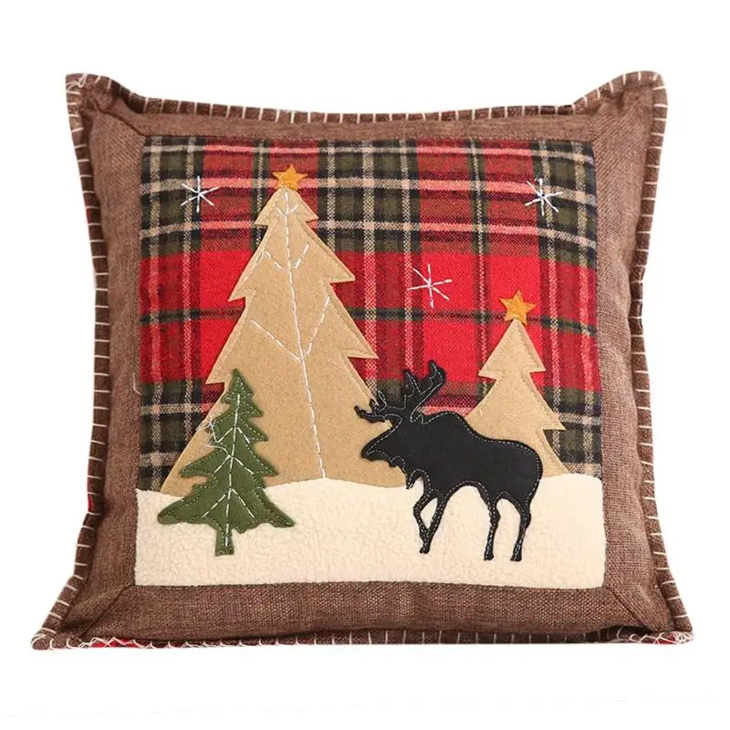 

Christmas Cartoon Elk Checked Cloth Pillowcase Decorative Polyester Xmas Pillowcase Snowflake Tree Deer Plaid