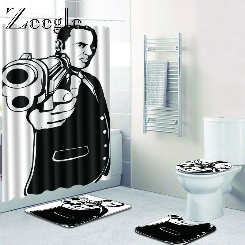 4Pcs Cartoon Bathroom Mat and Shower Curtain Set Floor Rug Cushion Toilet Seat Cover Bath Mat for Home Decoration Anti Slip Rug
