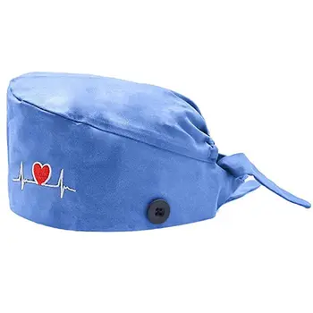 

Unisex Heart Embroidery Scrub Cap with Button Sweatband Bouffant Hat 83XF