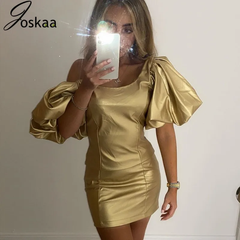 Черный Joskaa Puff, короткий рукав, квадратный вырез, искусственная кожа, облегающее, элегантное, сексуальное, однотонное мини-платье, модное, весеннее, рождественское, праздничное платье - Цвет: Черный