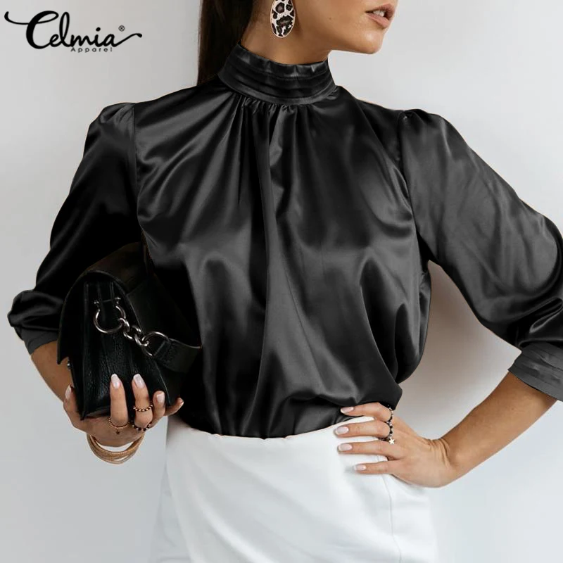 Celmia-blusa elegante de satinada para mujer, camisa de cuello alto, color liso, para fiesta y otoño, 2022 - AliExpress Ropa de mujer