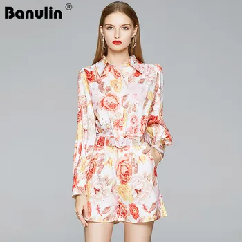 

Banulin Fashion Runway Summer Two Pieces Suit Women's Slim Lantern Sleeve Red Rose Print Tops＋Belt Pocket Shorts Suits Set