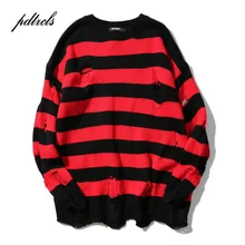 #Special Offers Hot New Ripped Stripe Knit Sweaters Men's Hip Hop Hole Casual Pullover Sweater Male Fashion Loose Long Sleeve Sweaters Red Black #Special Offers Hot New Ripped Stripe Knit Sweaters Men's Hip Hop Hole Casual Pullover Sweater Male Fashion Loose Long Sleeve Sweaters Red Black