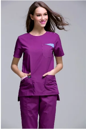 

Round Neck Fancy Pocket Design Women's Summer Short Sleeve Dental Clinic Uniforms Set Shoulder Seam Openable