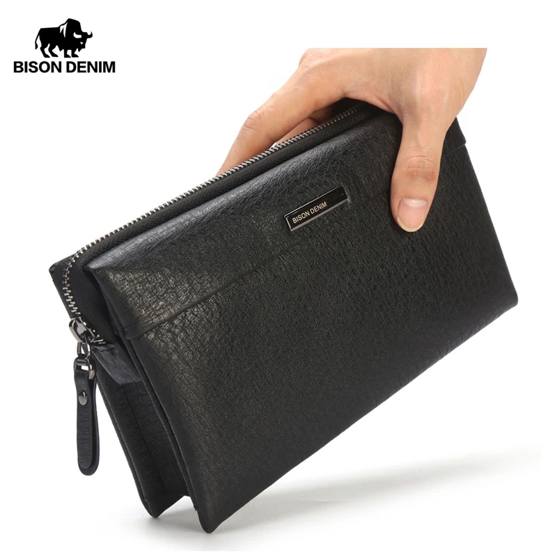 Bisonte DENIM de los hombres de lujo cremallera bolso largo Clutch embrague bolso de mano cuero auténtico Cartera de cuero vacuno para hombres N8009 1|Carteras|