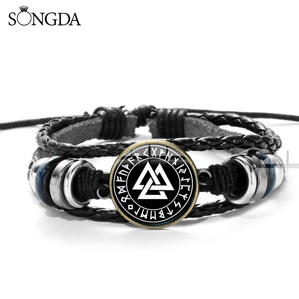 SONGDA славянские Норвегия Valknut языческих браслет-амулет Одина символ Скандинавская Руна Стекло художественный амулет кожаный браслет ювелирные изделия в стиле викингов