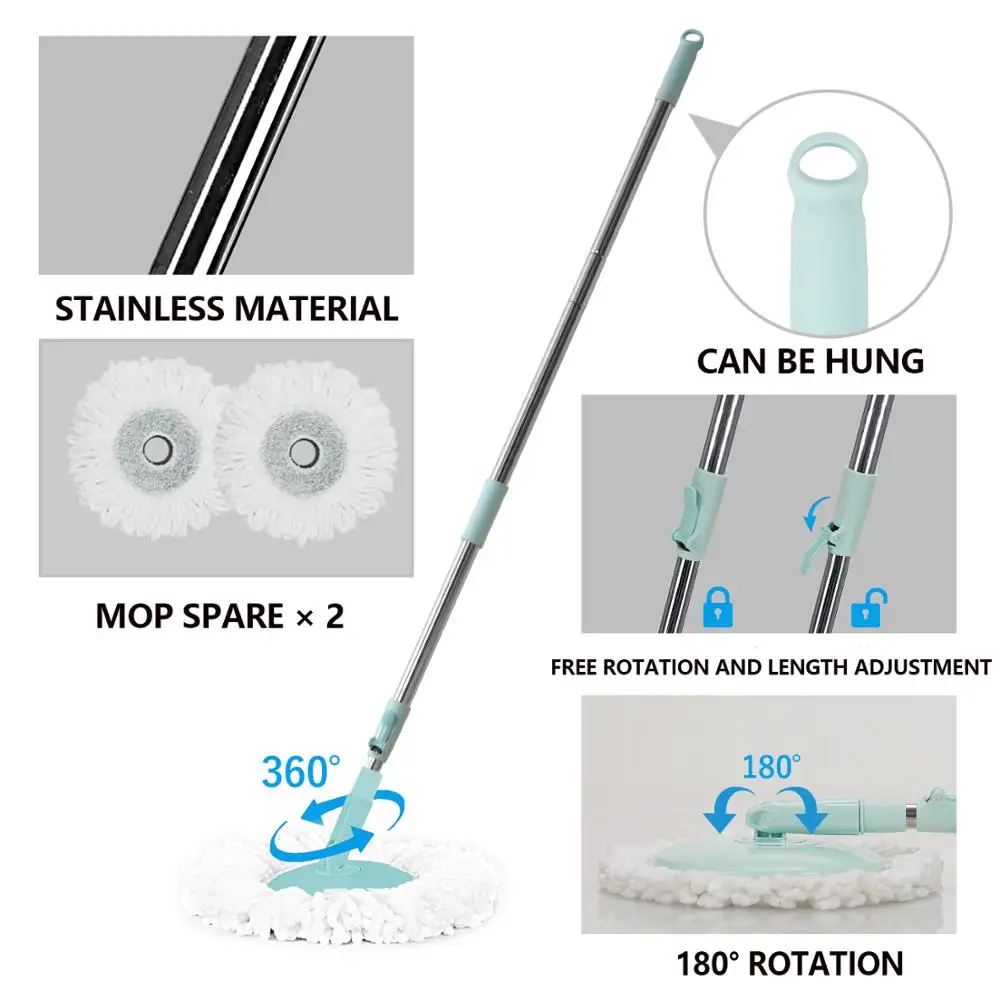 Eyliden 360 Degree Spinning Mop Microfiber Rotating with Bucket 2 Microfibre Heads and Adjustable Handle for Home Cleaning