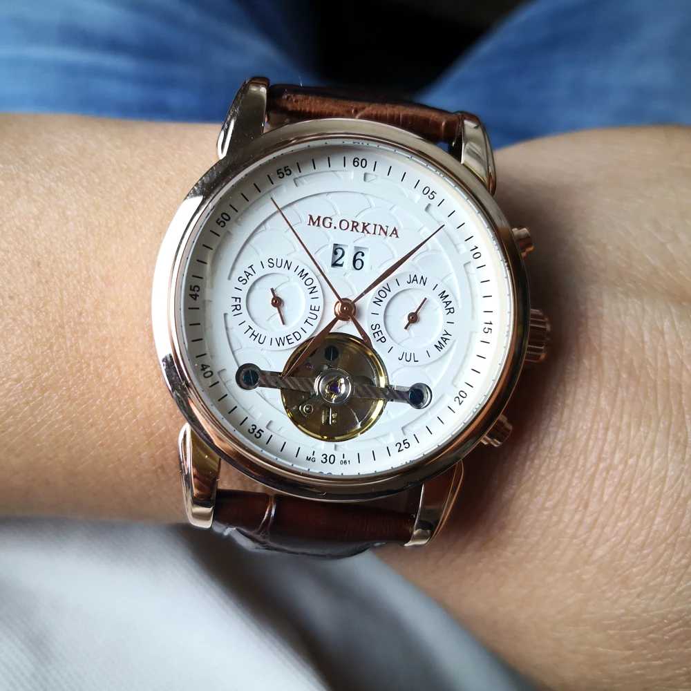 ORKINA Tourbillon часы для мужчин с автоматическим заводом наручные часы из натуральной кожи ремешок день Дата Механические часы Heren Horloge