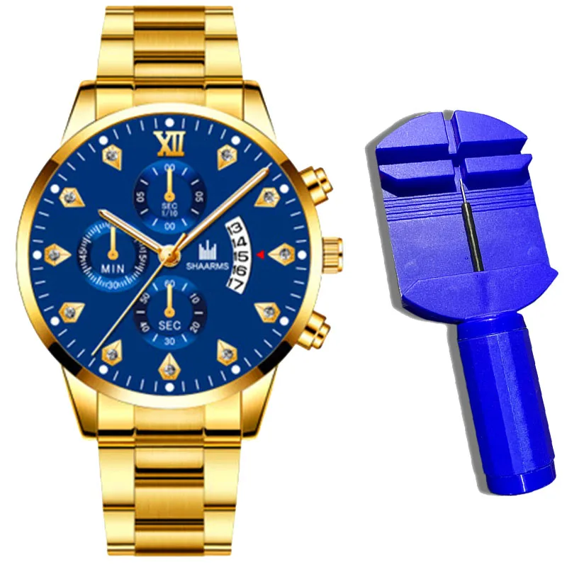 2021 Luxury Brand SHAARMS Alloy Strap Men's Watch Diamond Waterproof Quartz Watch for Men's Analog Three-eye Calendar Male Clock 