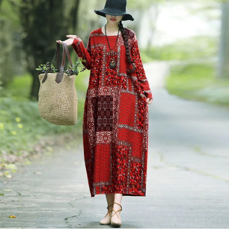 

Women Vintage Floral Print Maxi Dress Women Plus Size Cotton Linen Dress Casual Baggy Long Sleeve O-Neck Pockets Boho Dress