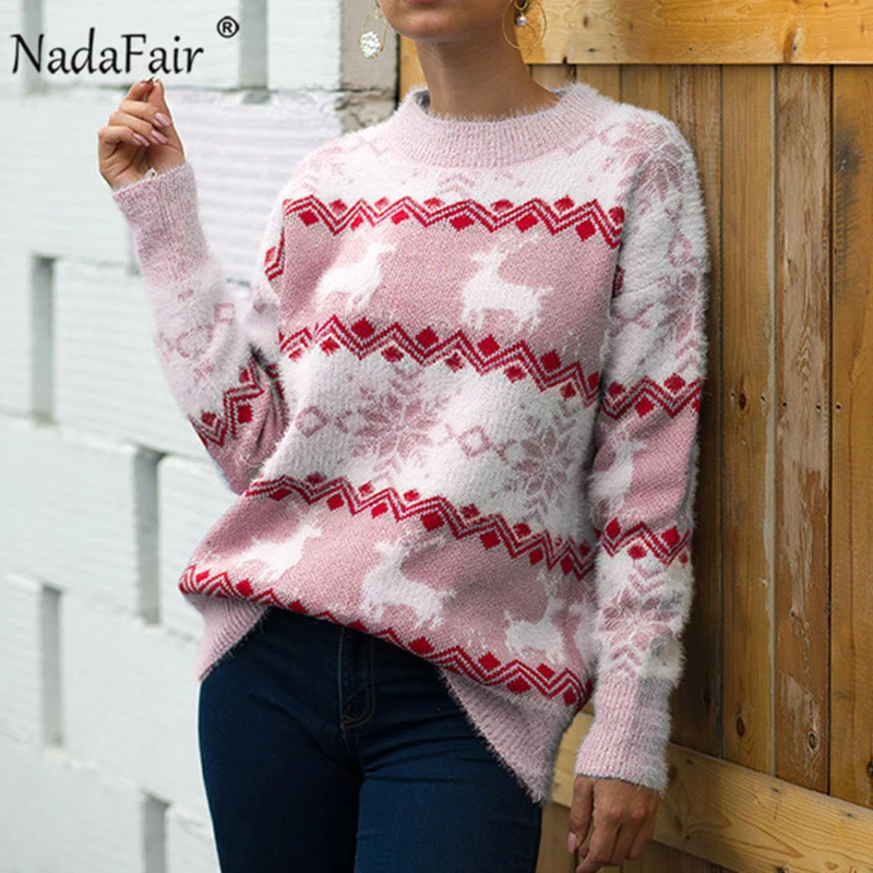 Nadafair полосатый мохер более размера d Рождественский свитер женский лося с длинным вырезом размера плюс вязаный зимний пуловер Джемпер