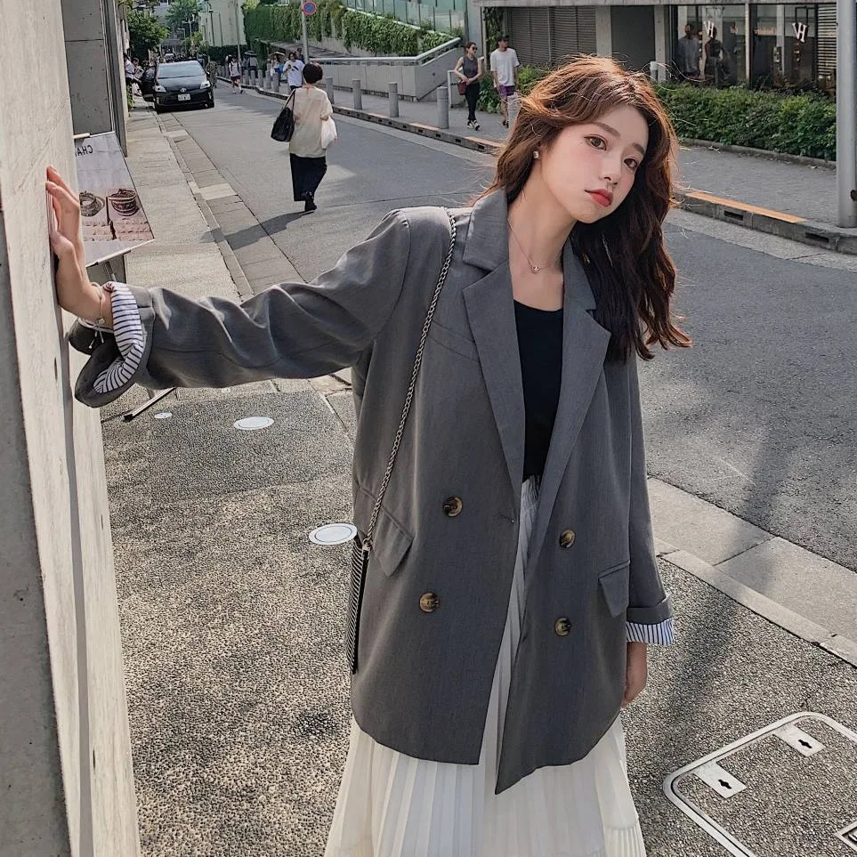 

Photo Shoot Main Push INS Sense of Design Retro Plaid Back Drawstring Waist Hugging Loose-Fit Double Breasted Small Suit Coat Wo
