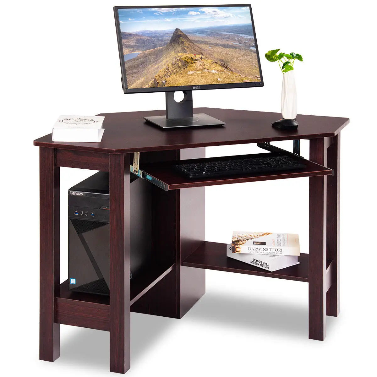 

Costway Wooden Corner Desk With Drawer Computer PC Table Study Office Room Brown