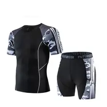 Мужской спортивный комплект для бега, компрессионная футболка+ штаны, облегающая кожу, с короткими рукавами, для фитнеса, Рашгард, тренировочная одежда, для спортзала, йоги, костюмы