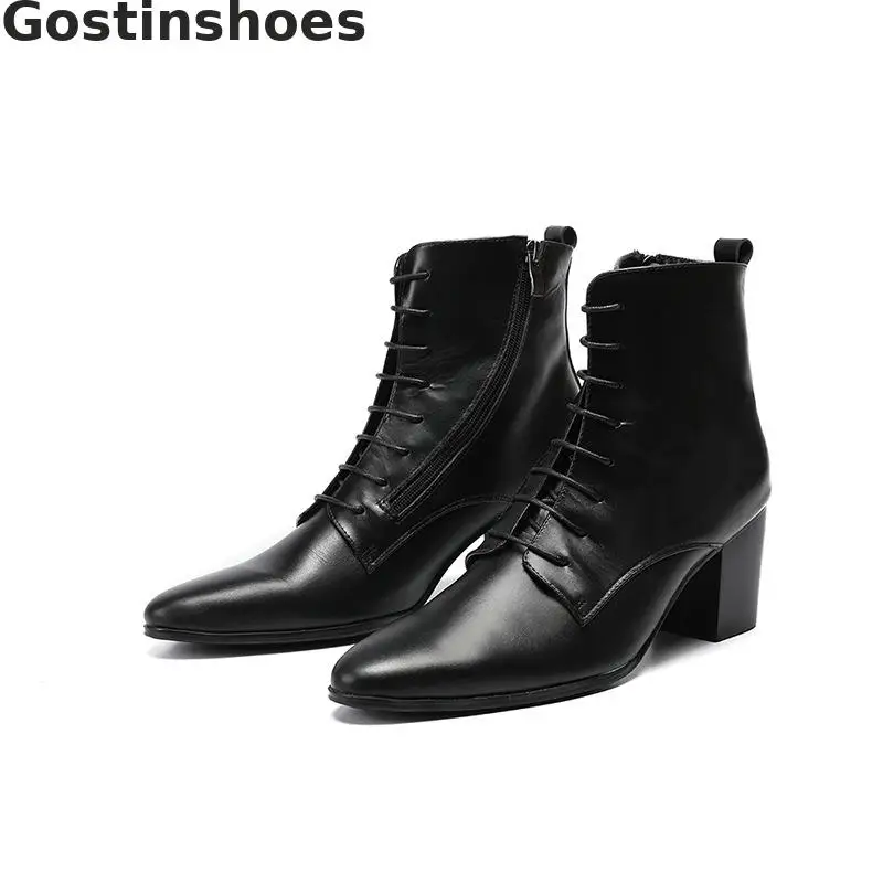 

Height Increased Men Winter Boots Black Genuine Leather Lace-up High Heel Pointed Toe Fashion Ankle Short Boots