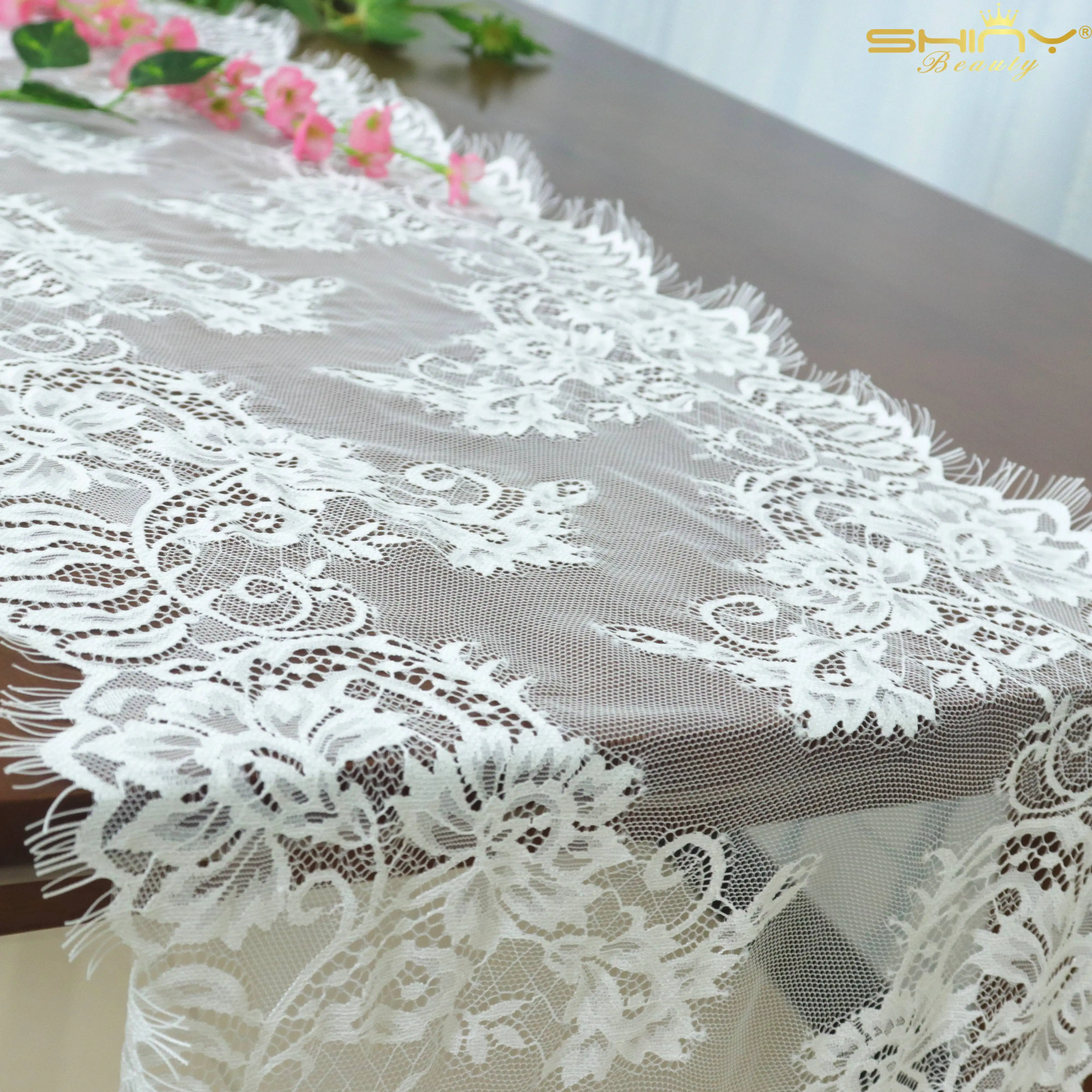 

White Eyelash Lace Table Runner Boho Wedding Dining Table Runner 120 Inch Table Decoeration For Parties-M190827
