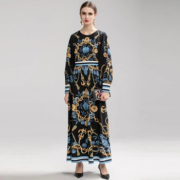 

VERDEJULIAY Vintage Long Dress 2020 Spring Autumn New Fashion Designer Full Sleeve Chain Flower Print Strip Party Long Dress