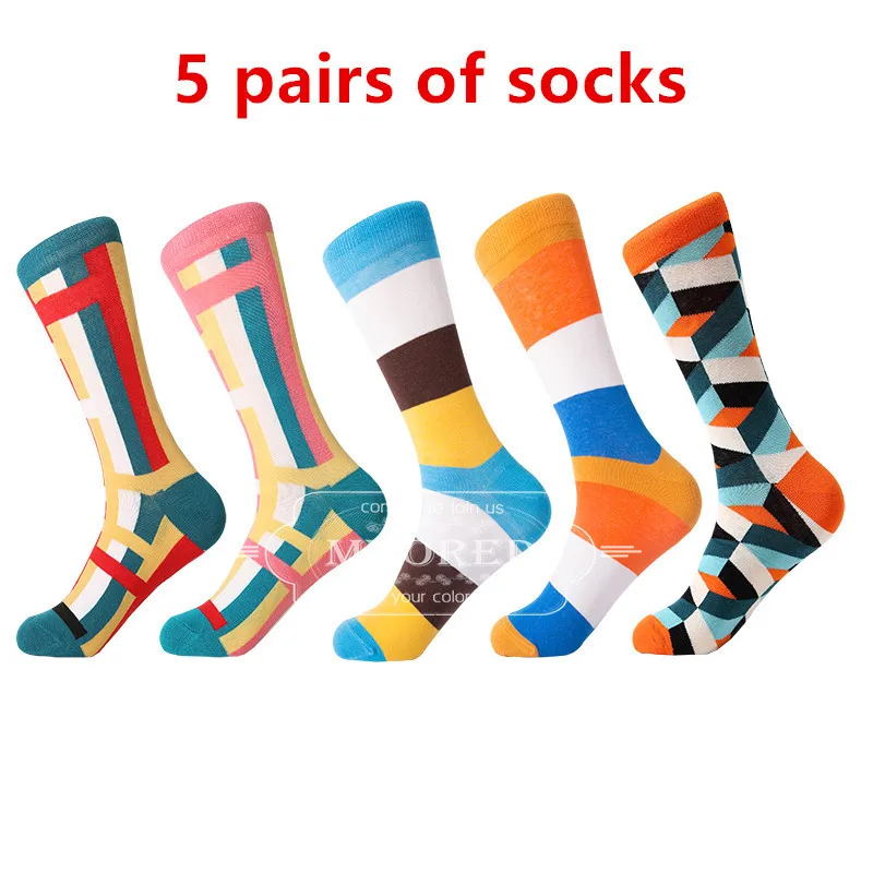 MYORED Прямая Последняя мода высокое качество Разноцветные длинные деловые повседневные чёсаный хлопок квадратный узор свадебные подарочные носки - Цвет: 5 pairs of socks