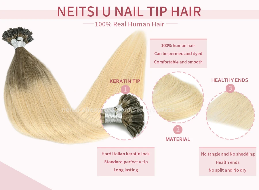 Neitsi Straight Keratin Capsules Human Fusion Hair Nail U Tip Machine Remy Pre-Bond Natural Hair Extensions 16