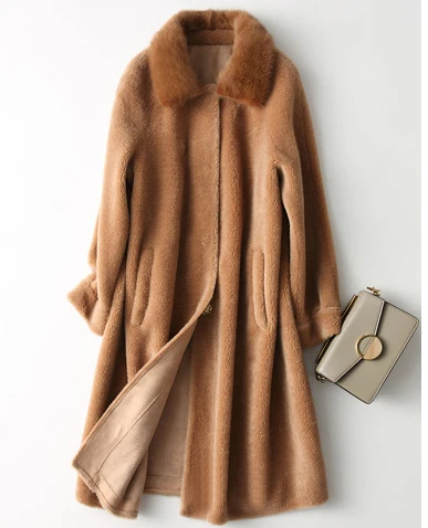 camel Новое пальто из натурального овечьего меха с норковым меховым воротником Женская Новая модная норковая куртка зимнее меховое шерстяное пальто Верхняя одежда размера плюс F1183 - Цвет: camel