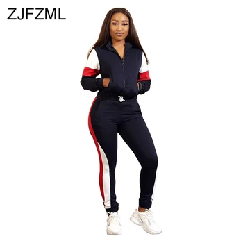

Striped Sporty 2 Piece Outfits for Women Hooded Long Sleeve Zipper Front Crop Jacket and Long Pants Plus Size Autumn Winter Set