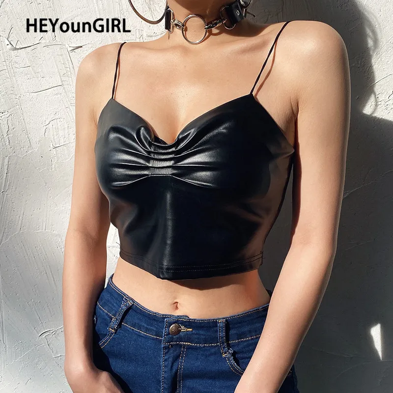 HEYounGIRL Pu искусственная кожа без рукавов Cami Топ летний черный с открытой спиной Спагетти ремень Топ Ruched Сексуальная обёрточная бумага укороченный Топ Harajuku