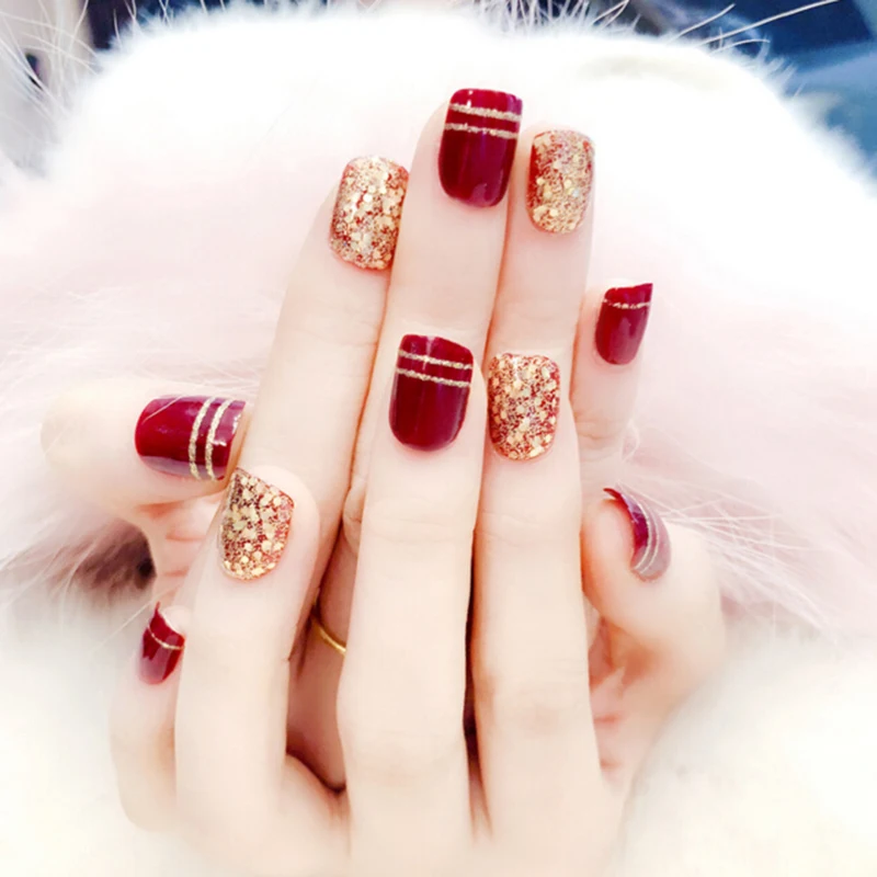 Hot 24PCS Short False Nails Tips Manicure DIY 3D Shiny Press On Fake Nails Art Tips Full Acrylic Bling AB Crystal Stickers