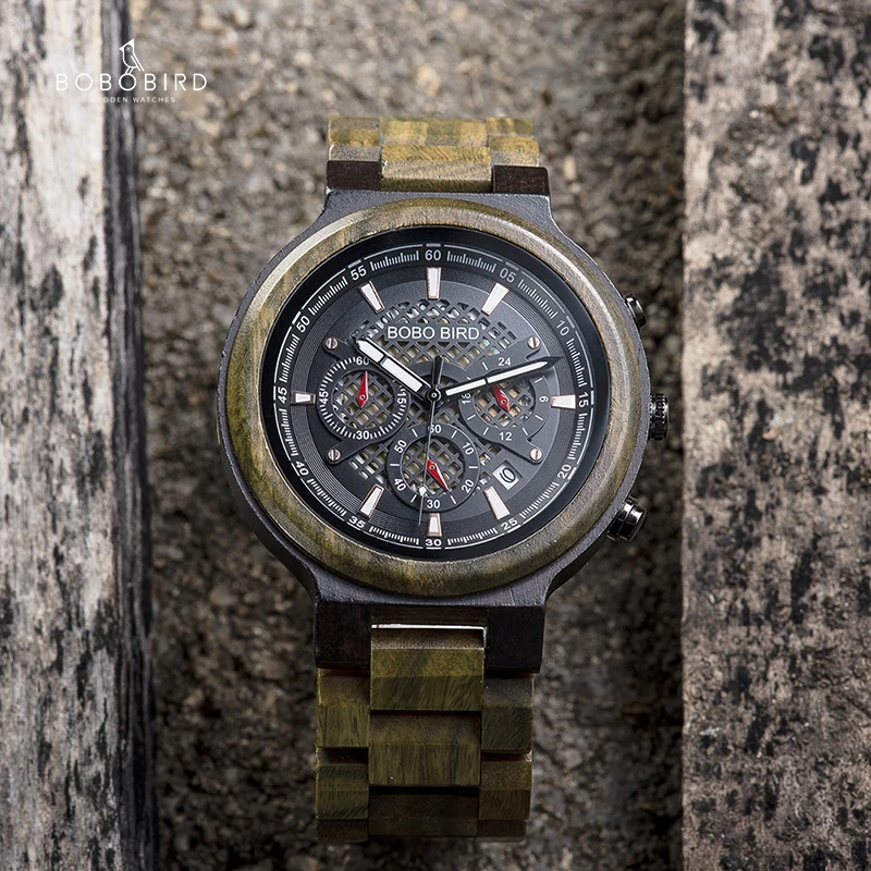 Мужские часы BOBO BIRD, мужские часы с зеленым сандаловым деревом, кварцевые наручные часы, многофункциональные часы с хронографом, спортивные часы для мужчин, подарок