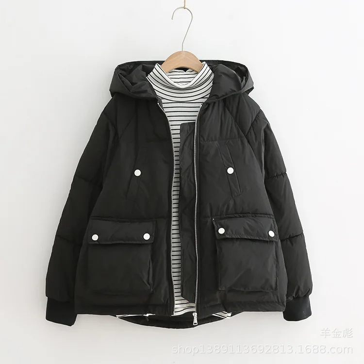 

18 Autumn And Winter New Style Casual Simple Korean-style Solid Color Loose-Fit Hooded Large Pocket Thick Short Cotton-padded Cl