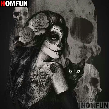 

HOMFUN Diamond Painting Cross Stitch "Beauty cat skull" 5D DIY Diamond Embroidery Full Square/round Rhinestone Of Picture A27152