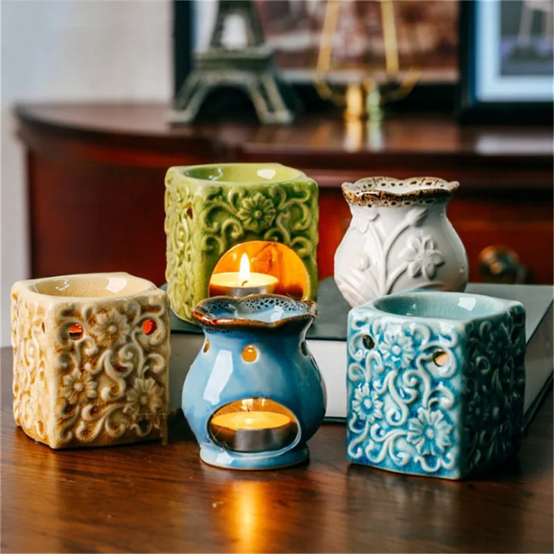 

Creative Retro Crack Glaze Ceramic Essential Oil Lamps Aroma Burner Home Dinner Decor Aromatherapy Incense Burner Candlestick