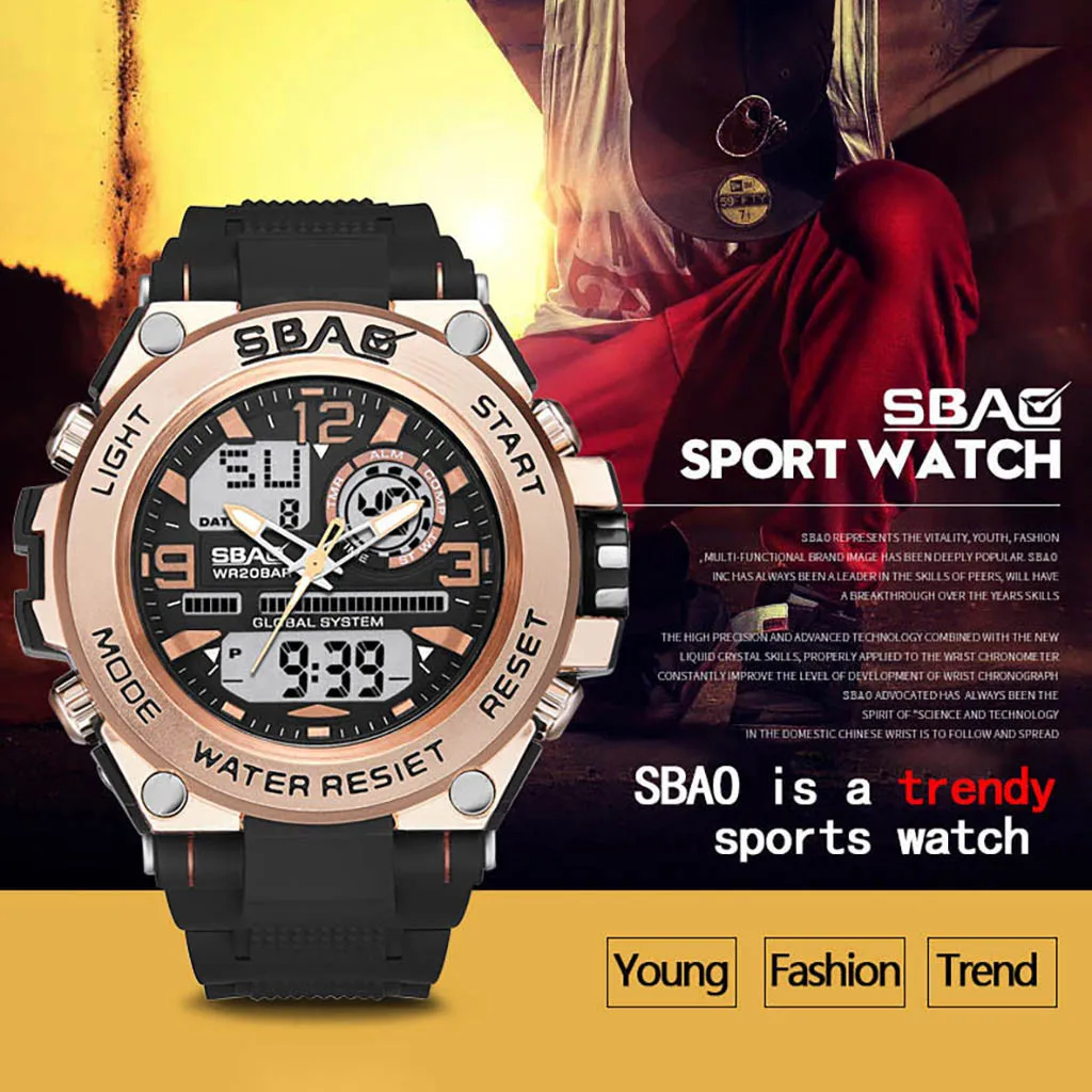 Спортивные часы SBAO, многофункциональные, большой циферблат, Круглый, двойной дисплей, спецназ, спортивные мужские часы, relogio, цифровые спортивные часы