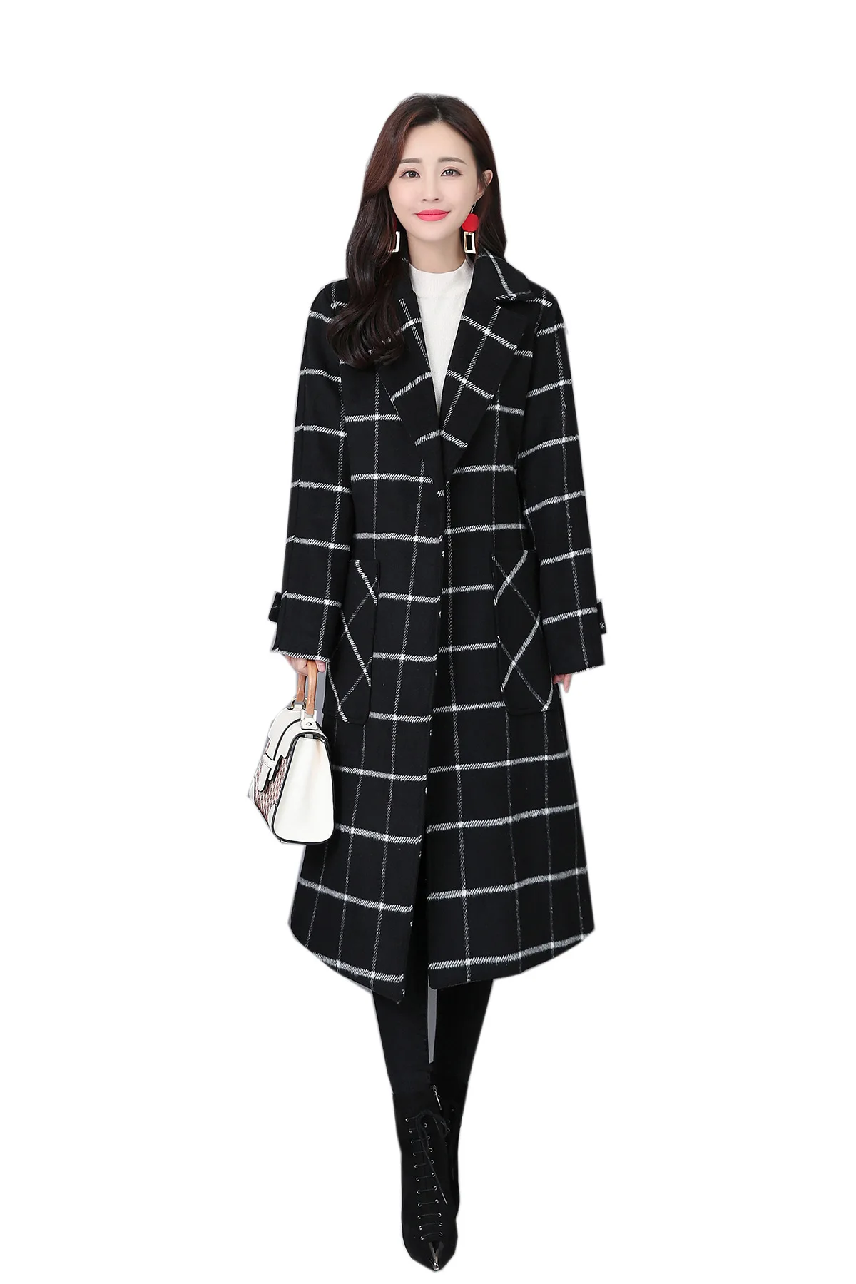 

2019 New Popular Plaid Double-Sided Woolen Cloth Cashmere Coat Women's Mid-length Autumn & Winter New Style Woolen Jacket Lace-u