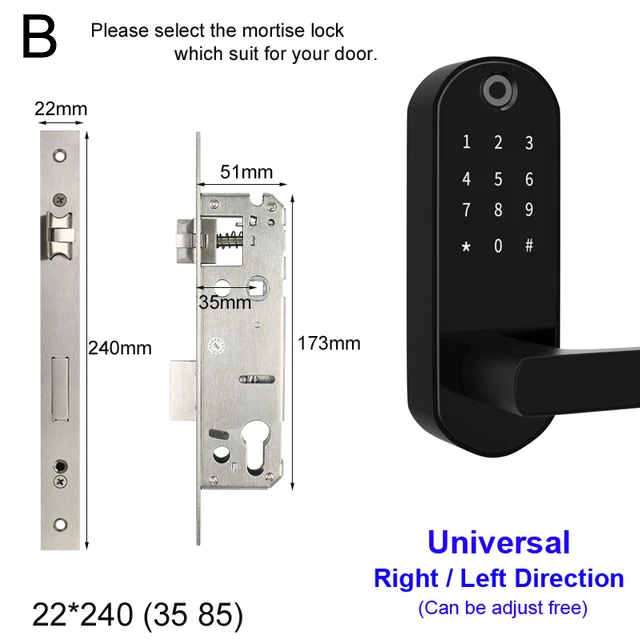 Size B Black Отпечаток пальца смарт-карта цифровой код Bluetooth TTLock приложение электронный дверной замок Домашняя безопасность врезной биометрический замок ключ - Цвет: Size B Black