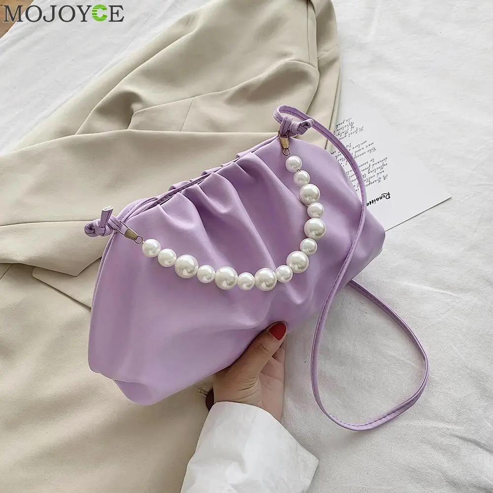 Portable Women Pearl Handbag Tote PU Leather Lady Solid Color Cloud Shoulder Bag Youth Ladies Simple Versatile | Багаж и сумки