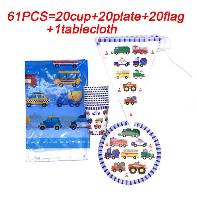 Рождественская мультяшная Автомобильная Праздничная тарелка, салфетки, скатерть, чашка, строительный автомобиль, товары для дня рождения, одноразовая посуда, набор - Цвет: beipanqizhuo-61pcs