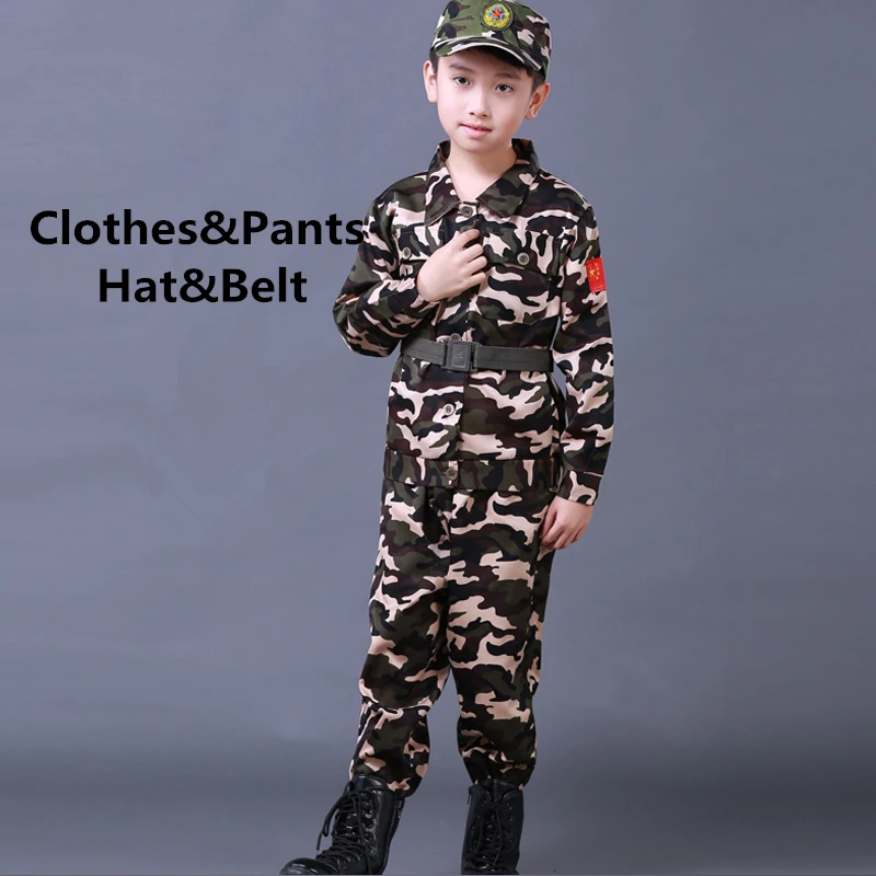Black set Hat Belt Детская военная одежда детская армейская военная форма для скаутинга, школьная тренировочная камуфляжная куртка с длинными рукавами+ штаны+ шапка+ ремень, комплекты - Цвет: Black set Hat Belt