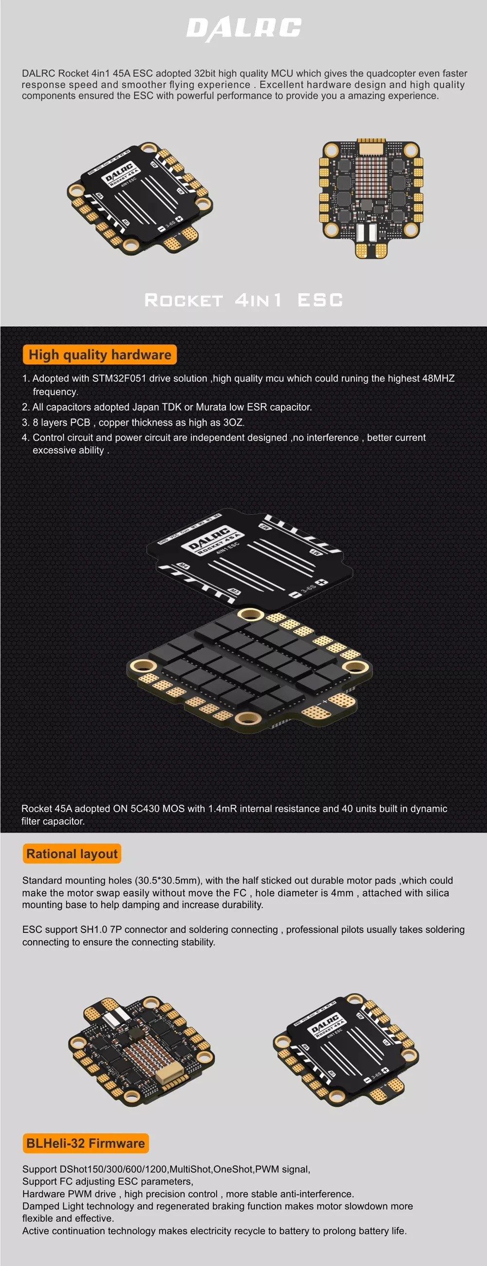 30,5*30,5 мм DALRC ракета 45A 4 в 1 ESC 3-6S BLheli32 поддержка DShot1200 STM32f051 FPV Бесщеточный ESC& DALRC F722 DUAL FC