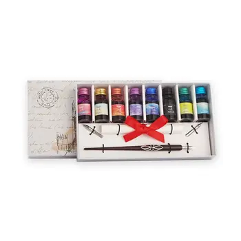 

Wooden Caligraphy Dip Pen Hook Line Signature Fountain Pens with Ink Nibs Set Offices School Stationery Gift 090F