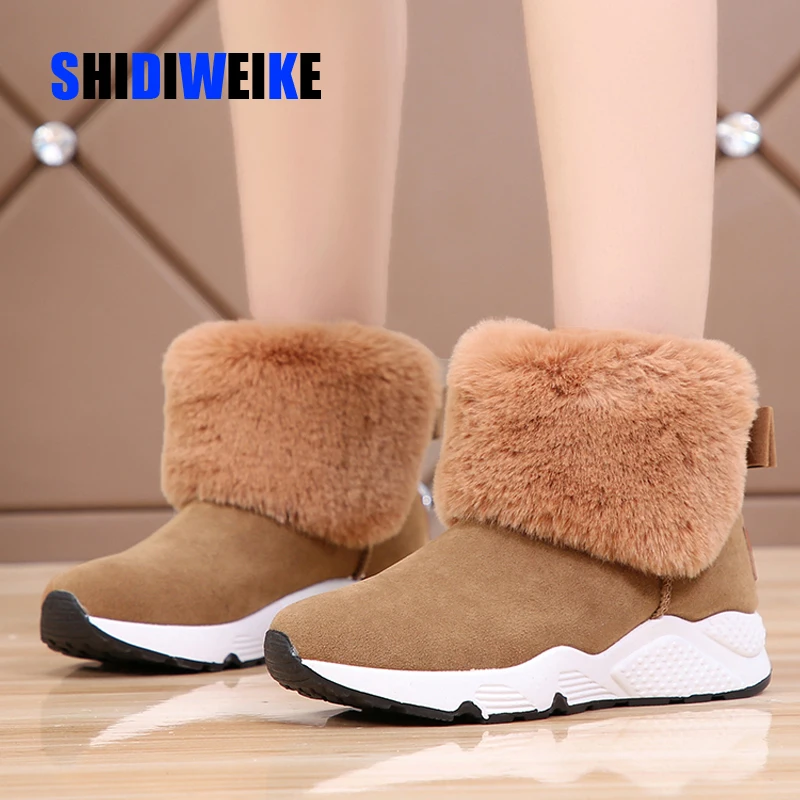

2019 Women Snow Boots Winter Fur Ankle Boot Female Bowtie Warmer Plush Suede Rubber Flat Slip On Fashion Platform Ladies Shoes