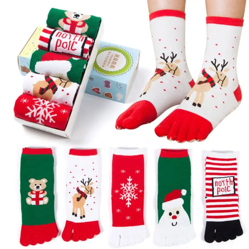 Рождественские хлопковые носки унисекс с пятью пальцами, носки с мультяшным медведем Сантой, чулочно-носочные изделия, подарки